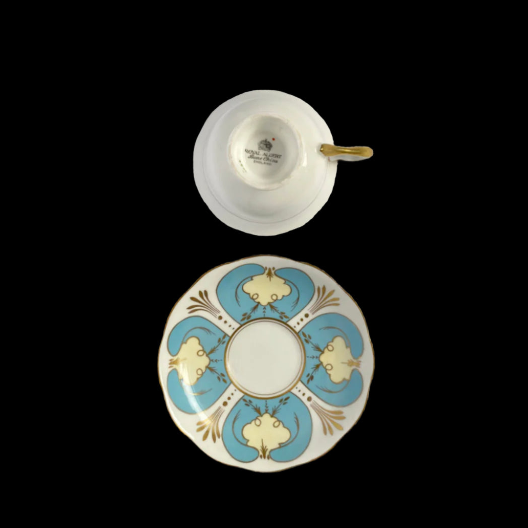 tepluste-Royal Albert backstamp Blue Art Deco Cup and Saucer
