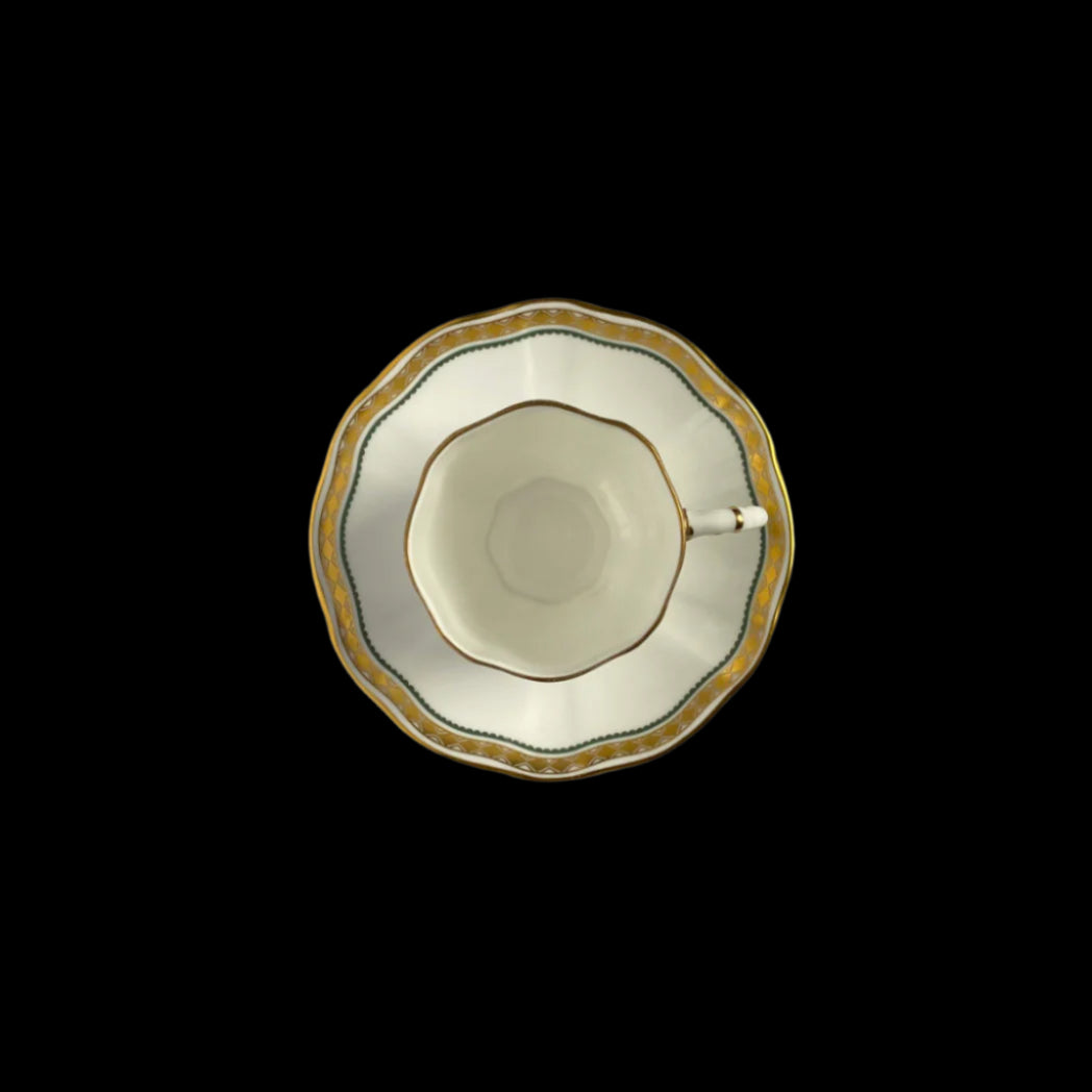 Royal Crown demitasse cup and saucer green and gold trim Porcelain-tepluste