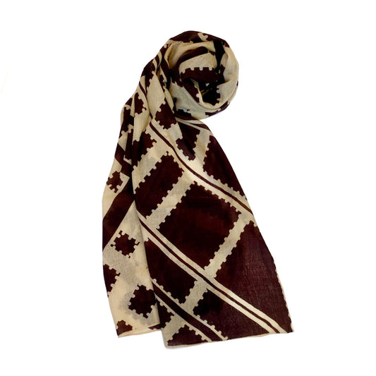 saved NY Rodeo printed scarf folded image beige and eggplant color