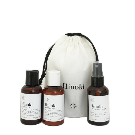 Hinoki Mini Travel Set No.1 - Te Plus Te Organic Body Wash, Body Moisturizer and Atmosphere Mist infused with Hinoki (Japanese Cypress) essential oil come in a natural cotton bag. The convenient 2 oz size bottles are good for travel. Enjoy the pure note of Hinoki anywhere you go. 