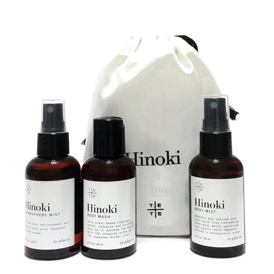 Te Plus Te discovery set Organic Body Wash, Body Mist and Atmosphere Mist infused with Hinoki (Japanese Cypress) essential oil come in a natural cotton bag.