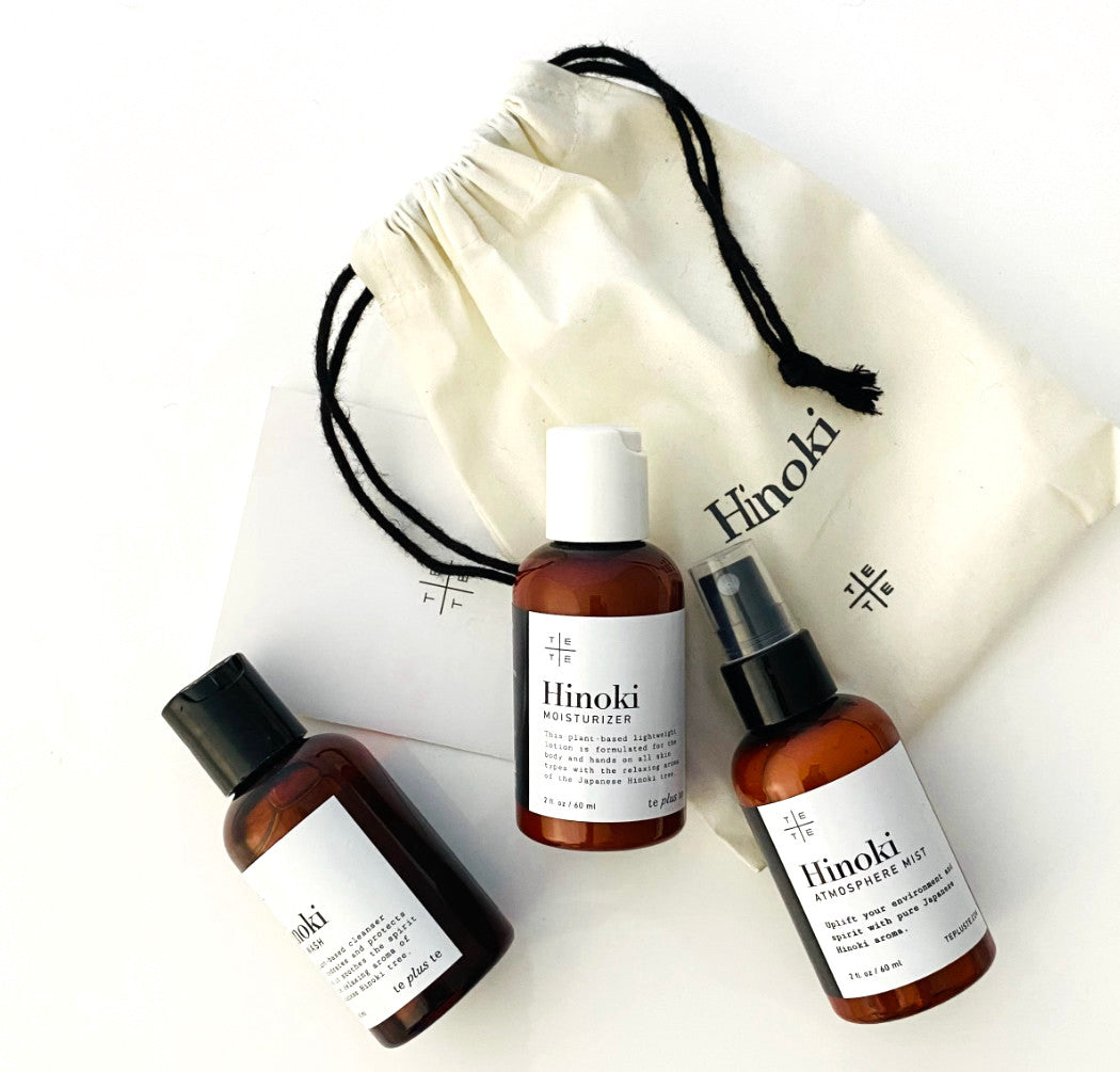 Hinoki Mini Travel Set Organic Body Wash, Body Moisturizer and Atmosphere Mist infused with Hinoki (Japanese Cypress) essential oil with a natural cotton bag.
