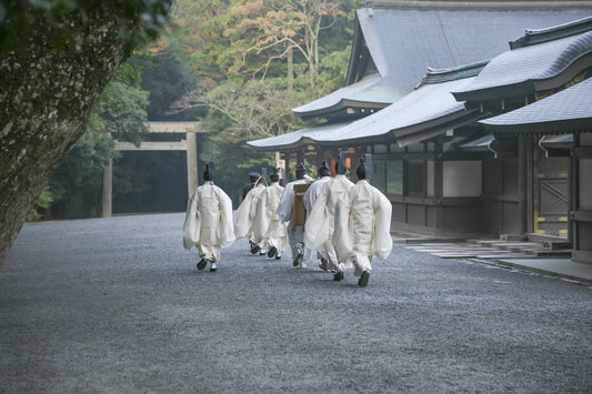 image of Ise-jingu with people wearing white walking