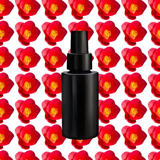 graphic image of many Tsubaki flowers and black bottle placed in the v=center 