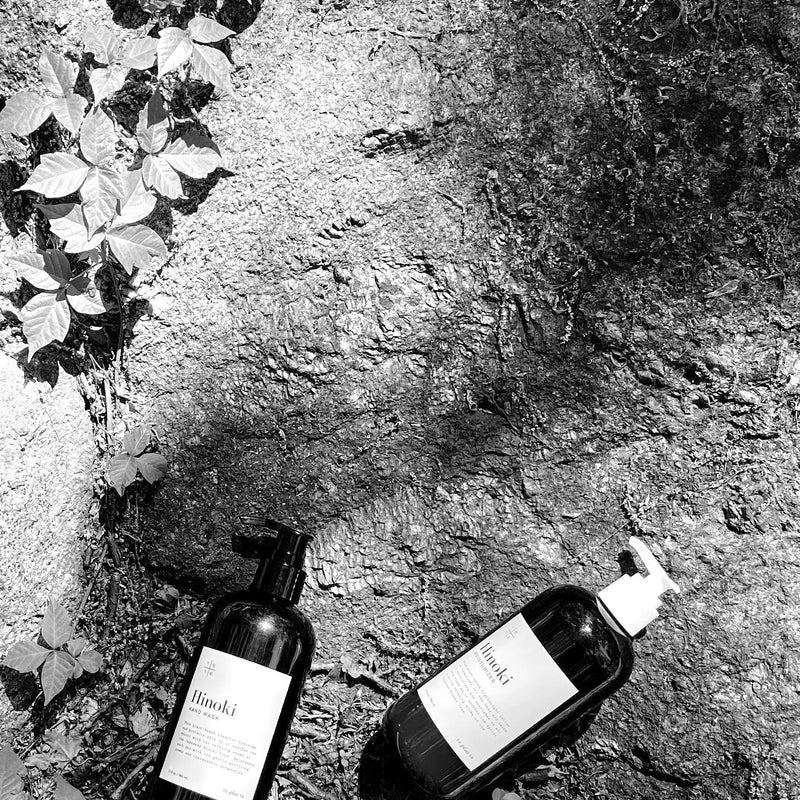 black and white image showing Hinoki bottles shots on rocks in nature