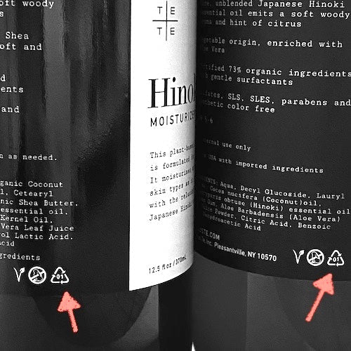 close up image showing recycle icons on the Hinoki bottle label