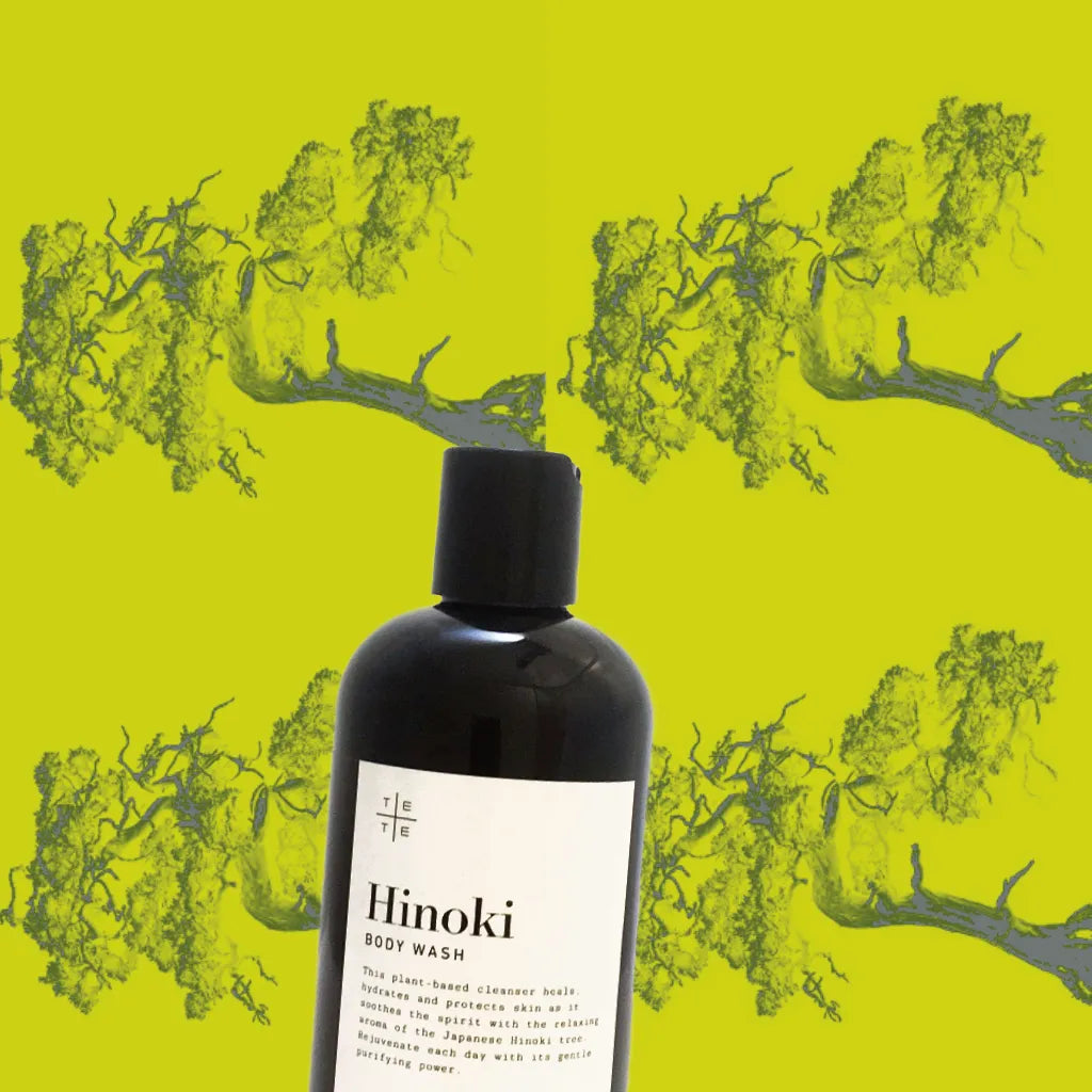 Black bottle of Hinoki body wash on a green background witHinoki Bonsai h tree -TE PLUS TE
