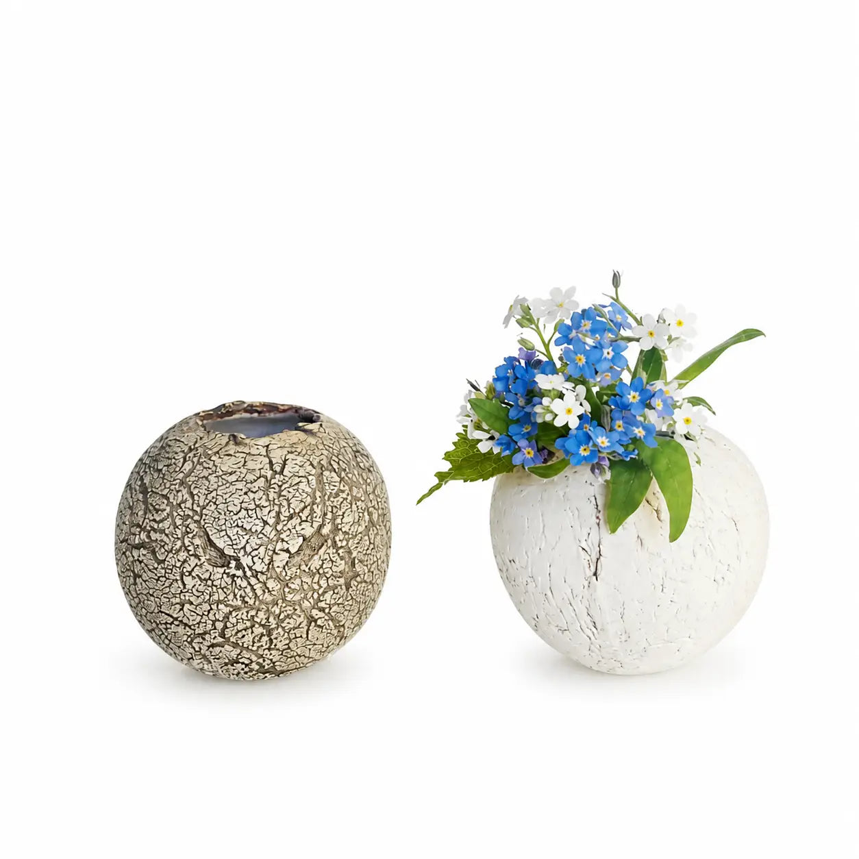 Two decorative vases on a white background, one with a cracked texture and the other with a natural stone finish.-TE PLUS TE