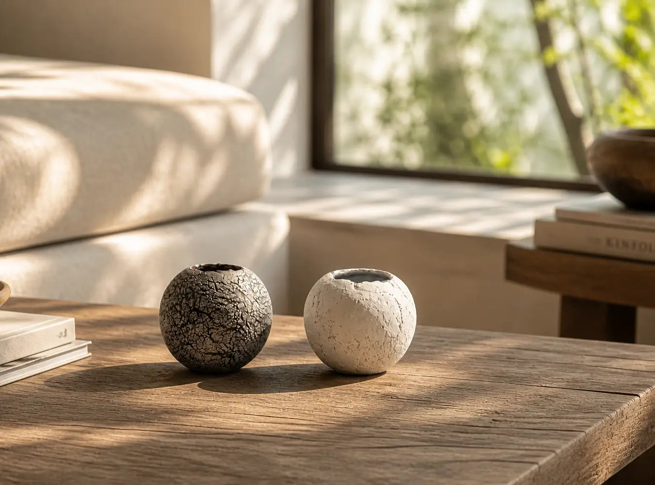 Two small ceramic pots on a wooden table with a blurred indoor background -TE PLUS TE