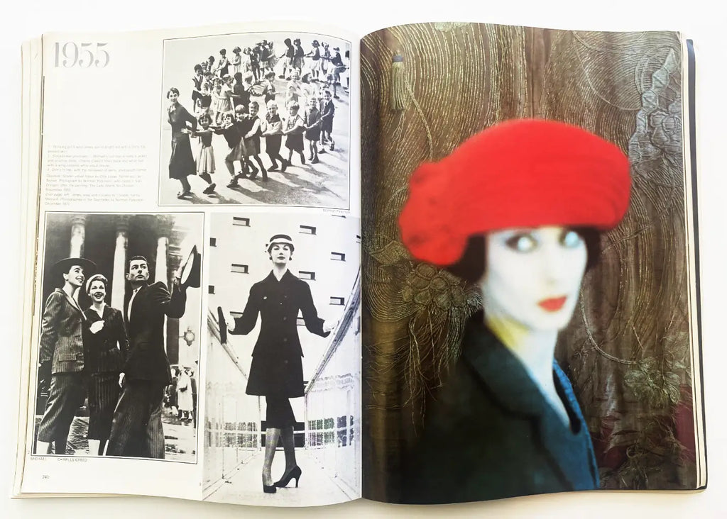 Open book showing a page with black and white images of people and a page with a woman wearing a red beret. British Vogue