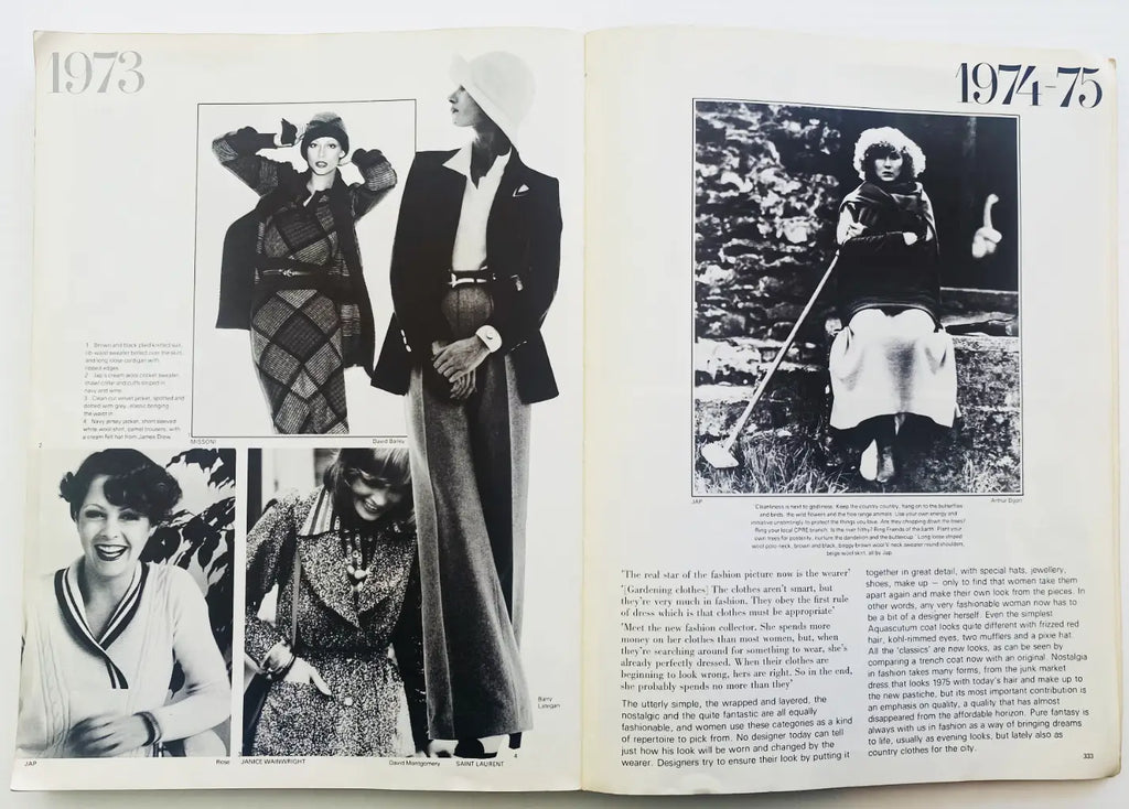 Open book showing fashion illustrations from 1973 to 1975 with text and images of women in various outfits. Vogue