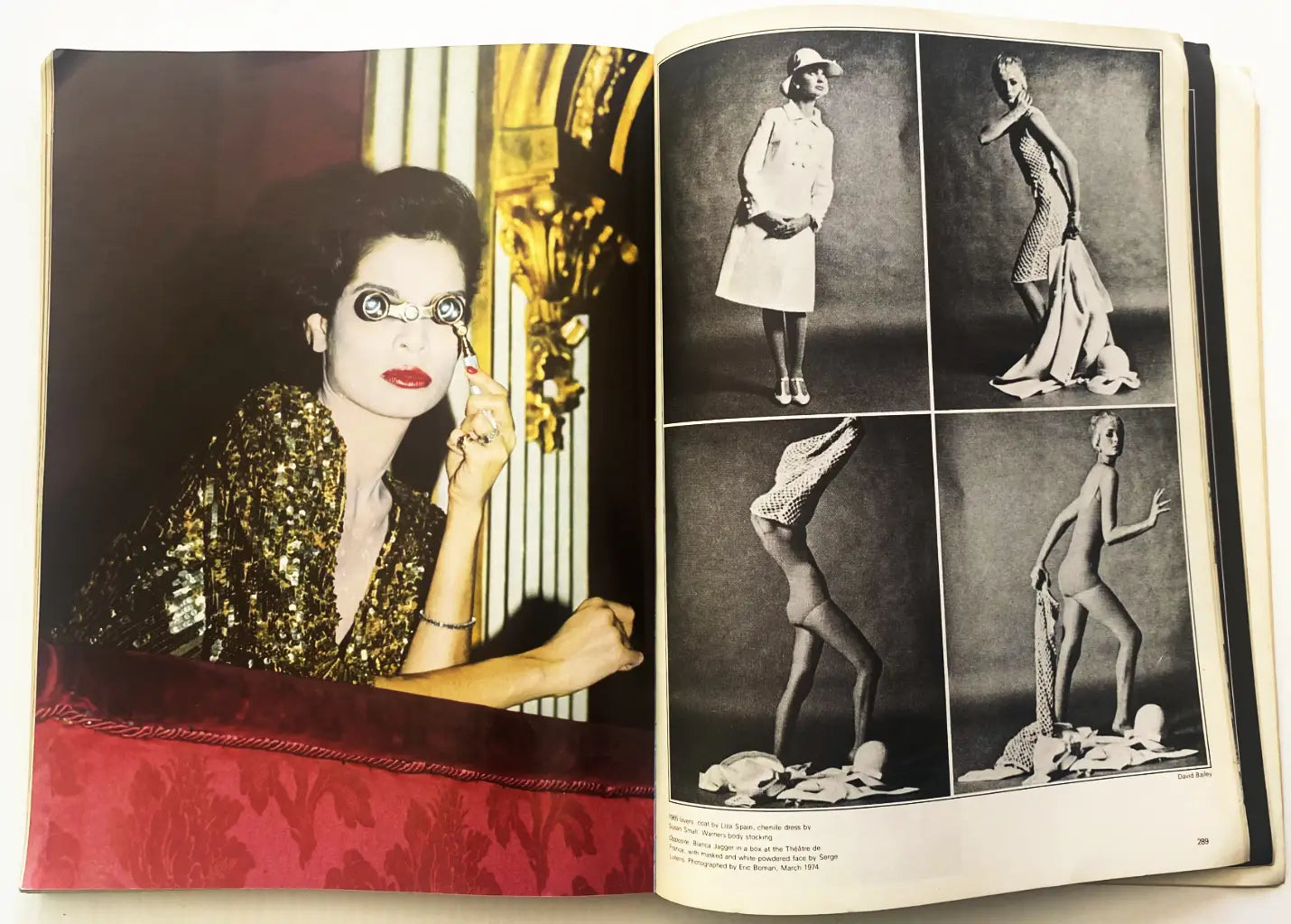 Open book showing a woman applying makeup and black and white photographs of people in various poses. Bianca J British Vogue