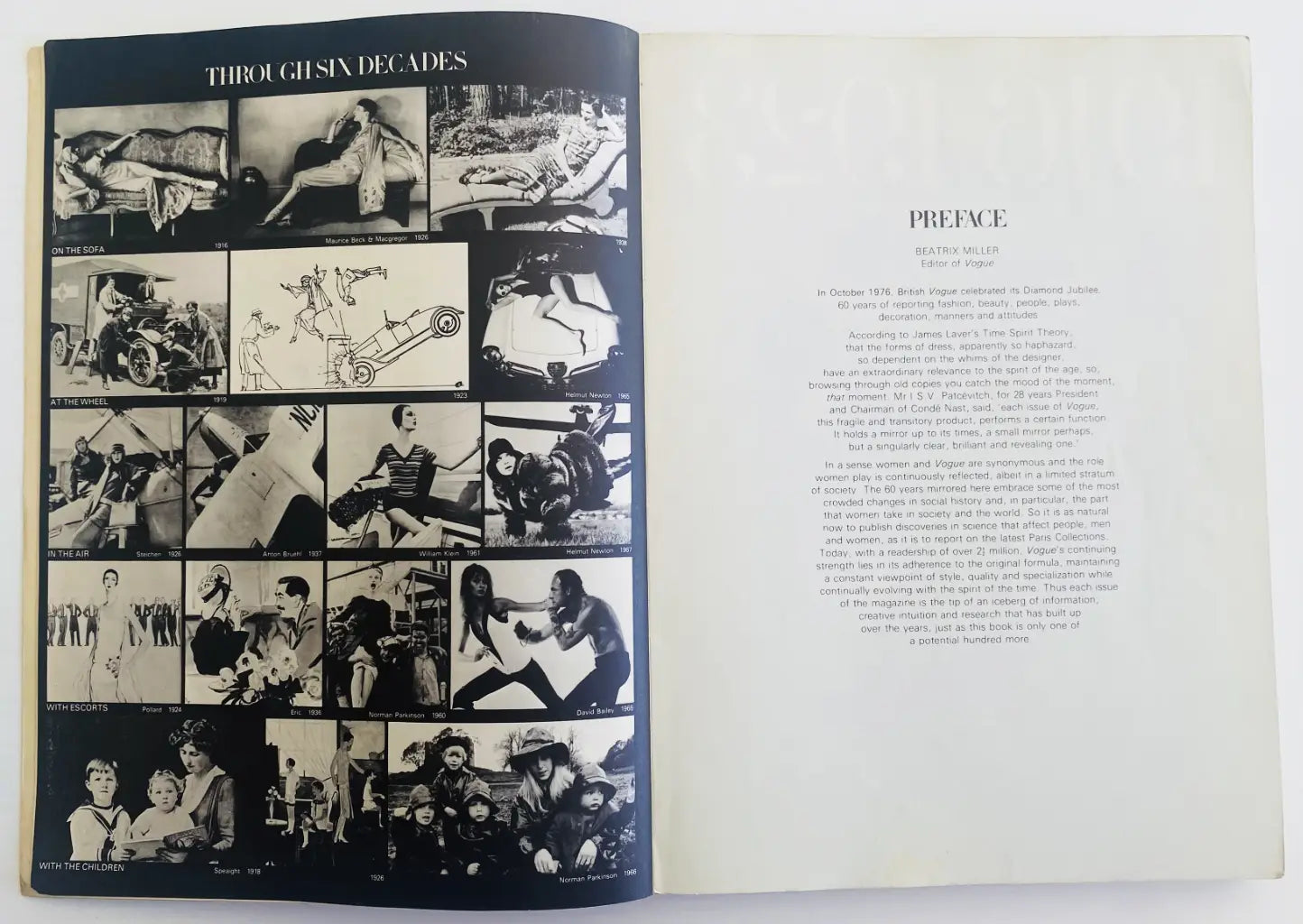 Open book with black and white photo collage on one page and text on the other, titled 'Through Six Decades'. British Vogue -TE PLUS TE