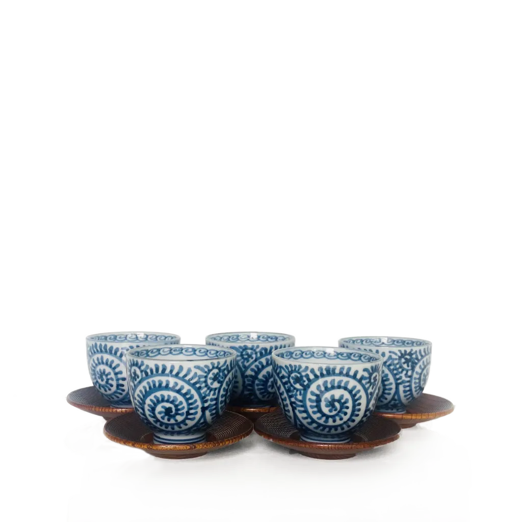 Genemon kiln blue and white octopus arabesque pattern close up sometsuke detail