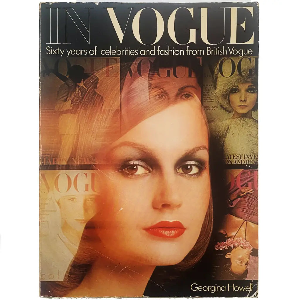 Book cover of 'In Vogue' featuring a collage of vintage Vogue magazine images and a woman's face. -TE PLUS TE