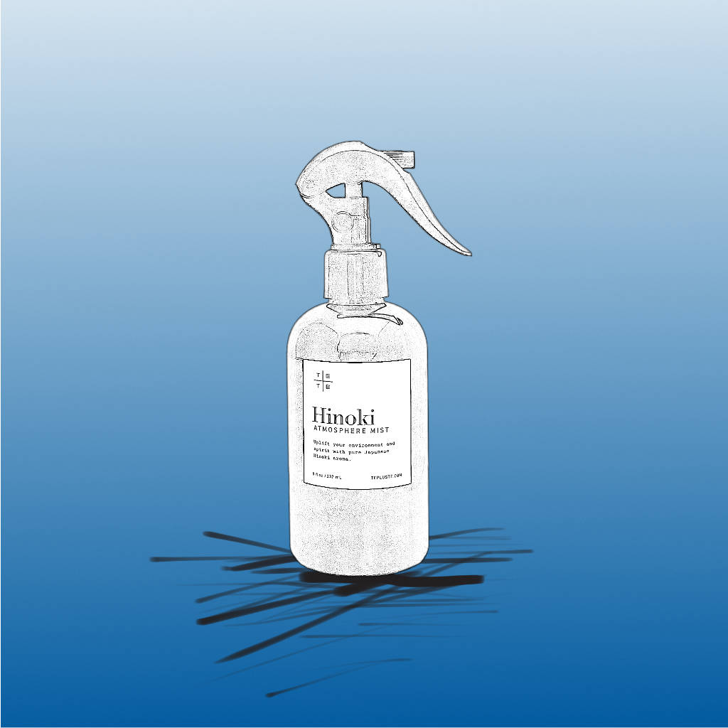 Minimalist architectural sketch of Hinoki Atmosphere Mist spray bottle — TE PLUS TE