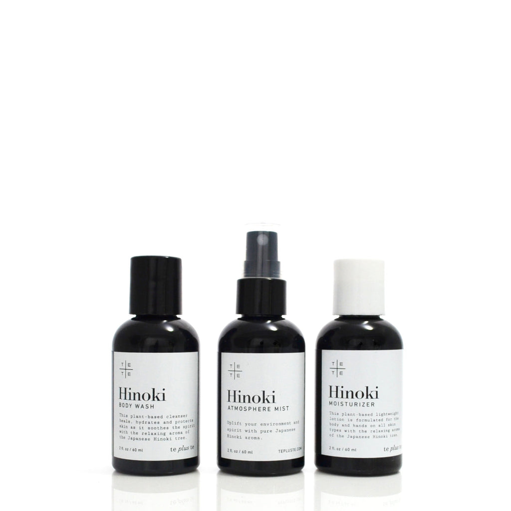 Three Hinoki skincare products on a white background