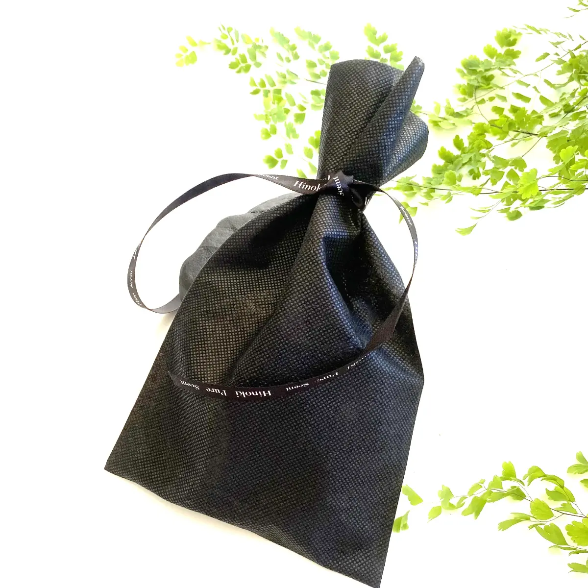 Hinoki Noir & Noir Red Discovery Set gift bag in black with ribbon, framed by green leaves — TE PLUS TE
