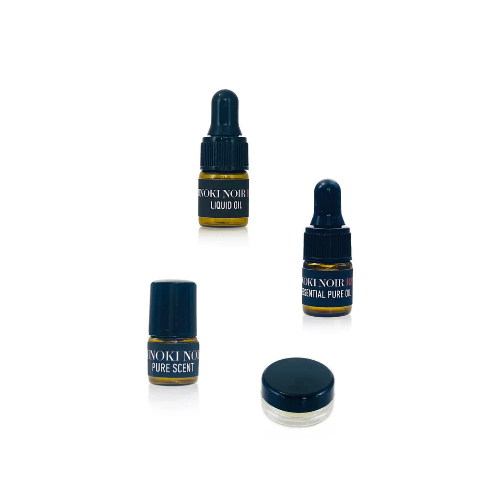 Four Hinoki Noir and Noir Red minis: Pure Scent, Lip Balm, Essential Pure Oil and Liquid Oil — TE PLUS TE