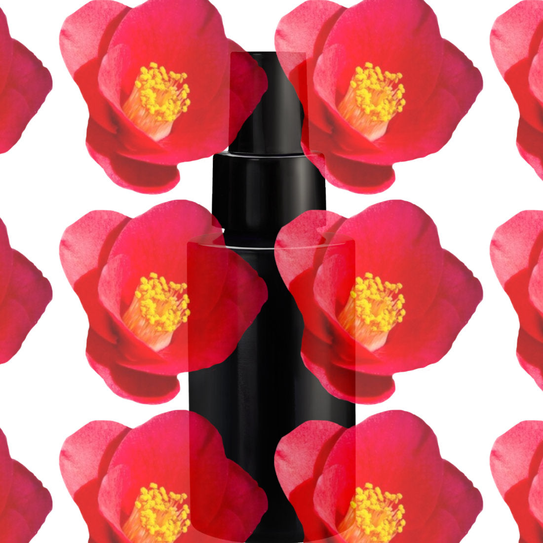 Black cylindrical object with red floral pattern