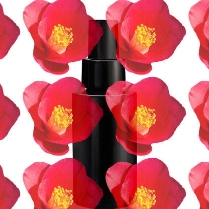 Black cylindrical object with red floral pattern