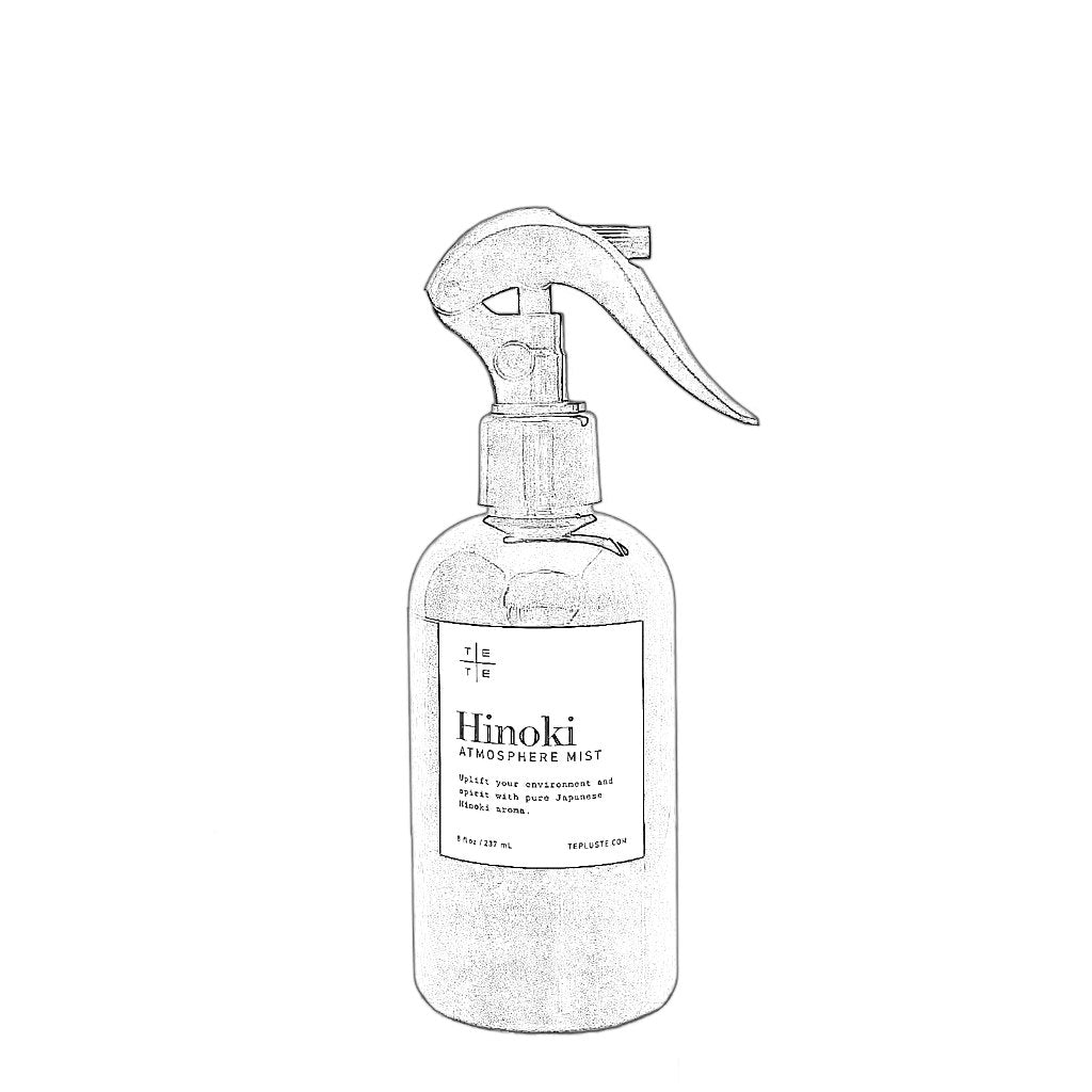 Black and white illustration of a spray bottle labeled 'Hinoki'.
