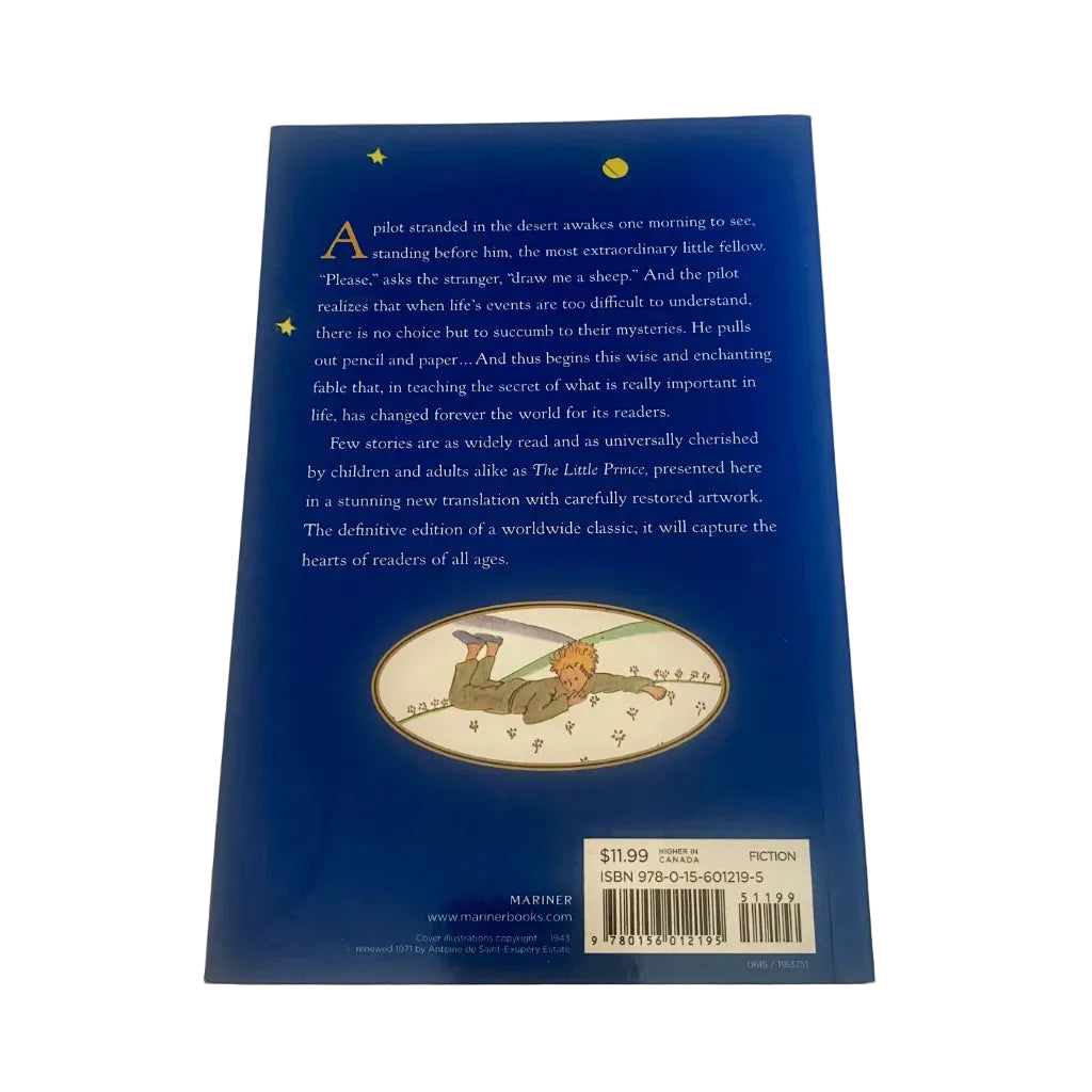 Back cover of a book The Little Prince with text and an illustration of a boy.