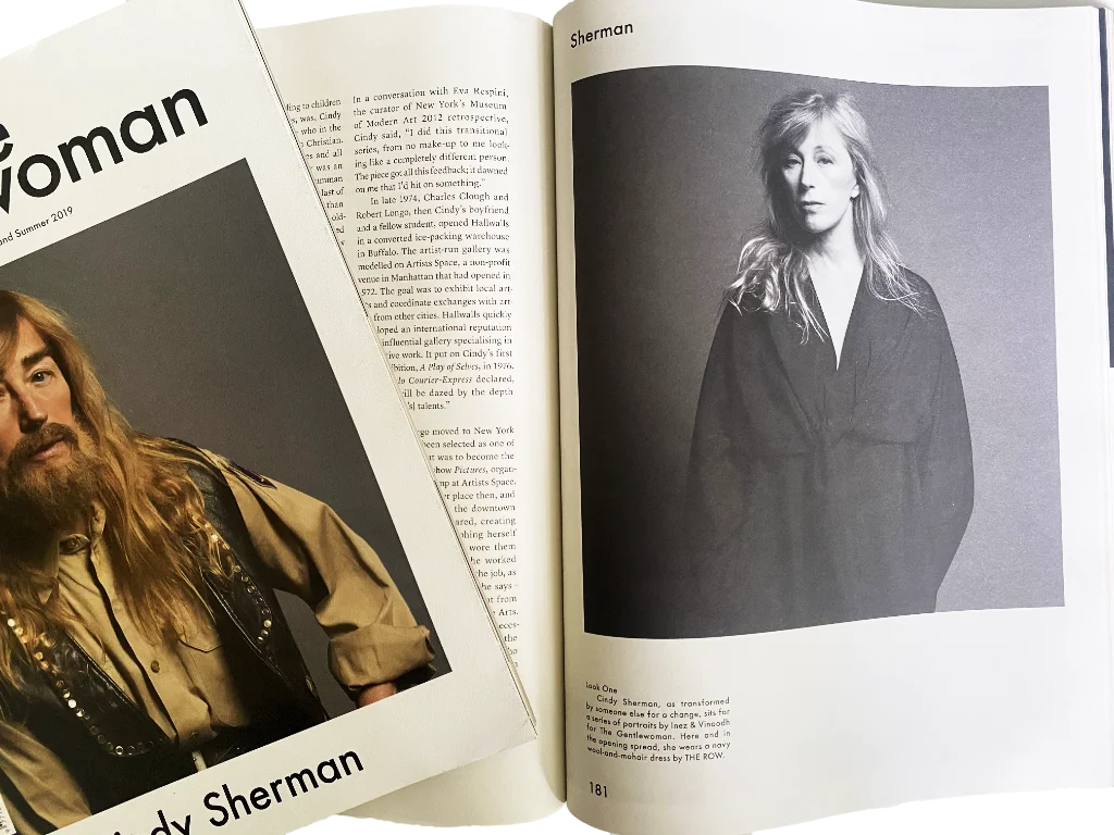 An open vintage magazine or book spread showing a black-and-white portrait of a woman labeled 'Sherman' on the right page and a color portrait of the same person on the left page with article text.