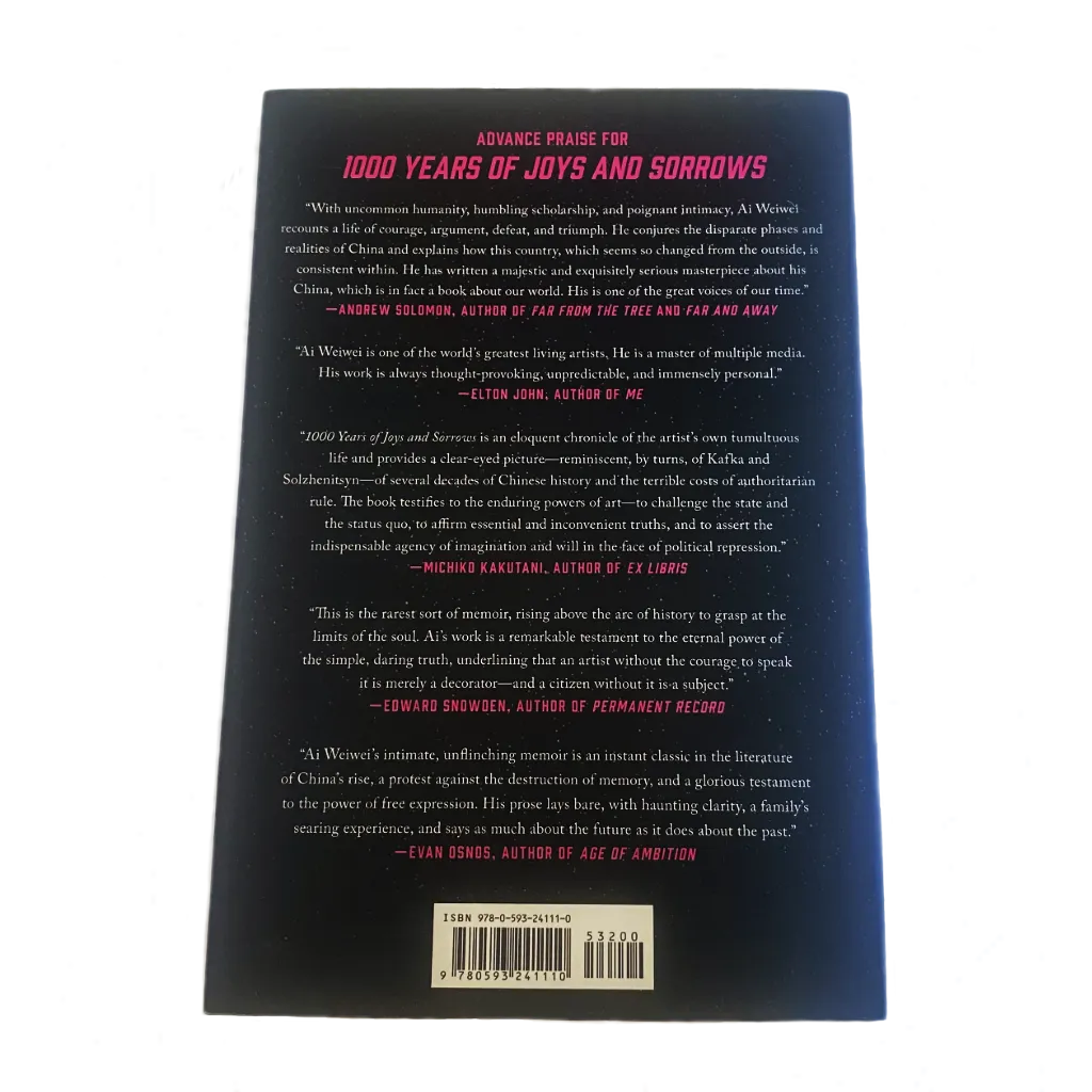 Back side of book, AiWeiwei, pink and white letter on black color.