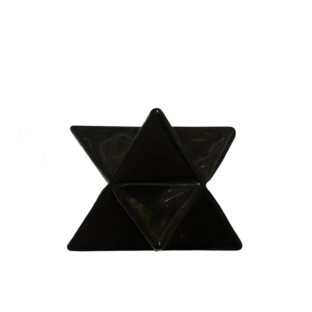 A black Obsidian Star -shaped object made of polished stone, photographed against a plain white background.