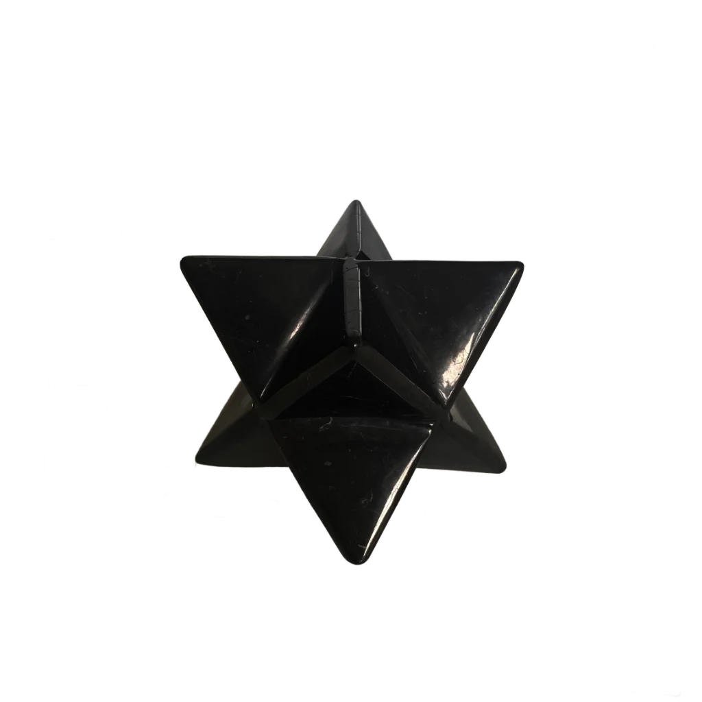 A black Obsidian Star Stone -shaped object, resembling a stylized six-pointed star or decorative geometric sculpture, centered on a plain white background.