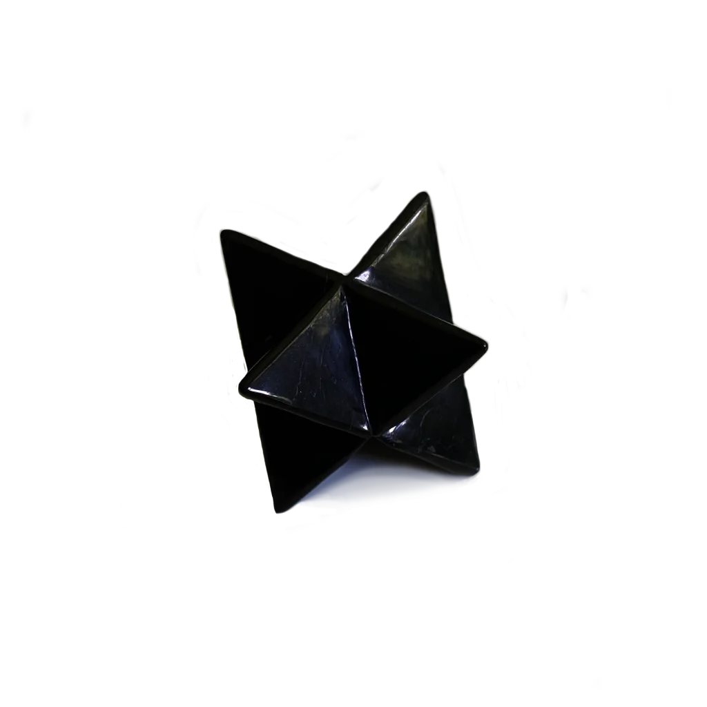 A black metallic star-shaped pyramid object, possibly a decorative sculpture or mechanical toy, shown on a plain white background.