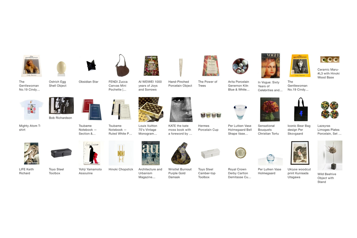 A collage grid of many small product thumbnails on a white background, including fashion, home, and accessory items with tiny labels beneath each image at TE PLUS TE Iconic Objects Collection.