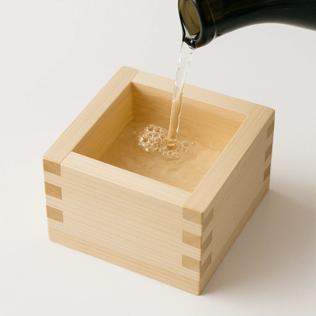 Wooden container,Hinoki  being filled with liquid from a black pitcher on a white background -TE PLUS TE