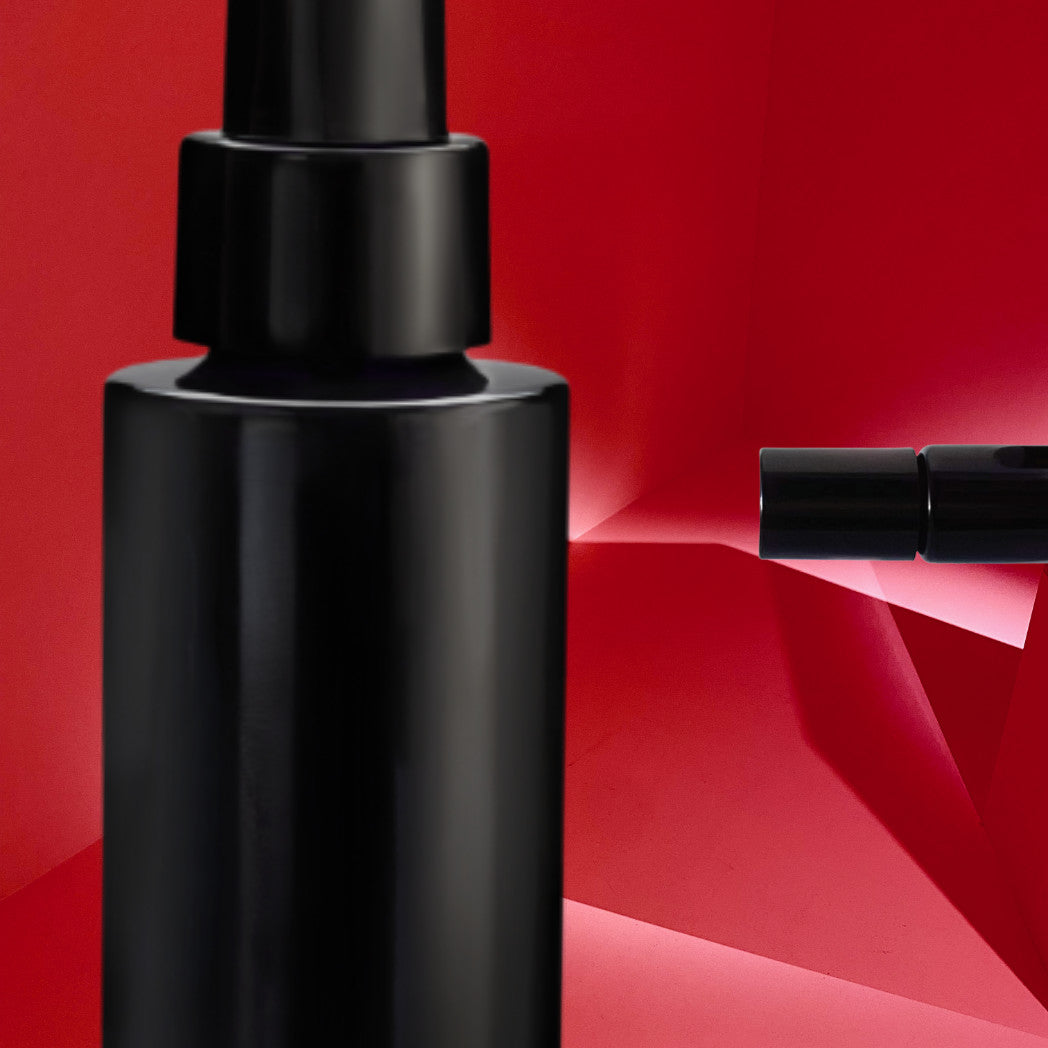 tepluste-Hinoki Noir & Noir Red collection abstract image. black packagings over red background