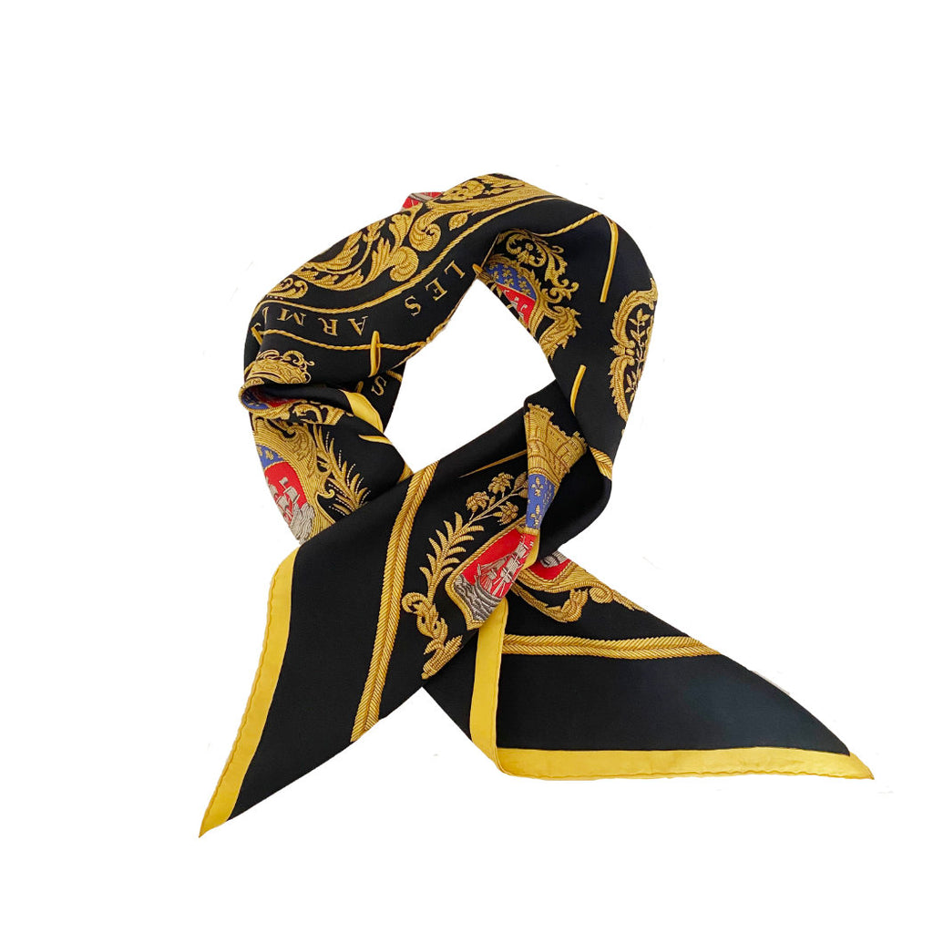 tepluste Hermes Black and Gold SilkScarf tied style