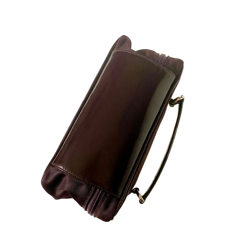 Gucci Bamboo Cosmetic / Vanity Bag  Deep Burgundy canvas and Leather Leather handle Silver-Tone Hardware bamboo Accent Jacquard Lining Zip Closure floating in white background
