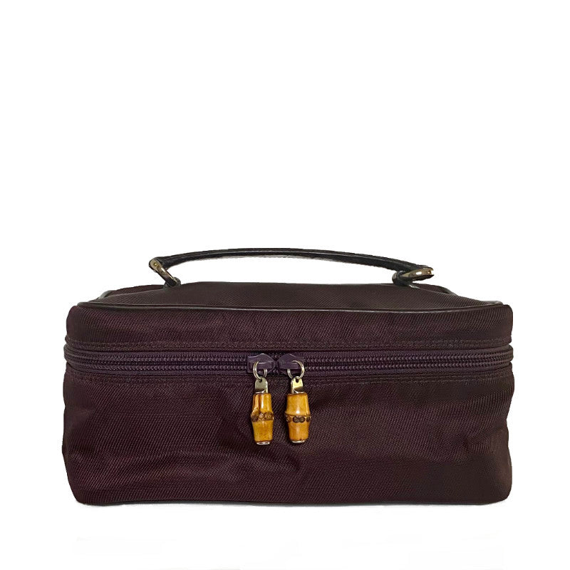 Front shots of Gucci Bamboo Cosmetic / Vanity Bag  Deep Burgundy canvas and Leather Leather handle Silver-Tone 