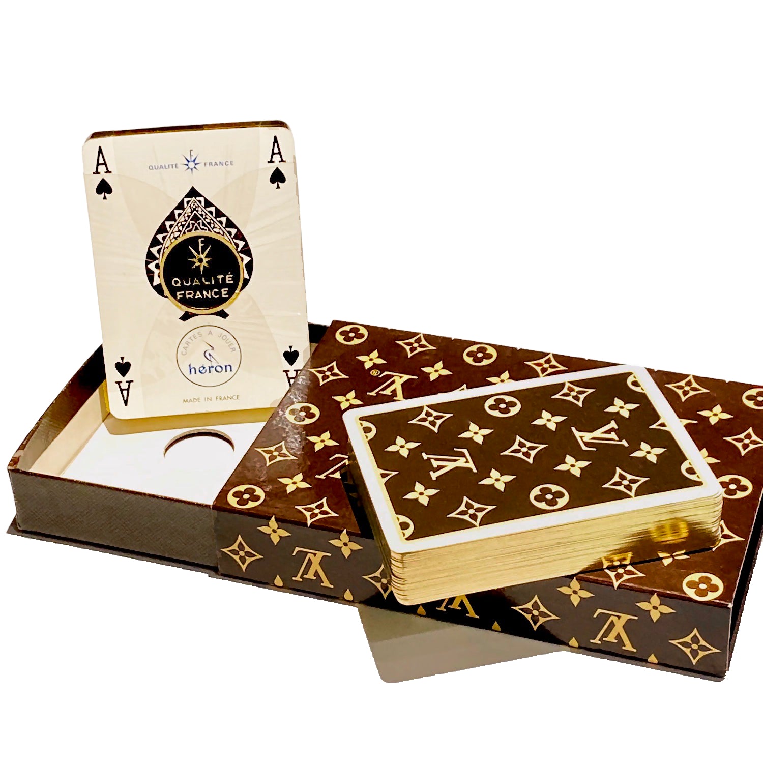Te Plus Te Two sets of Louis Vuitton vintage playing cards with monogram motif and gilt edges. Includes box and bridge contrat card.