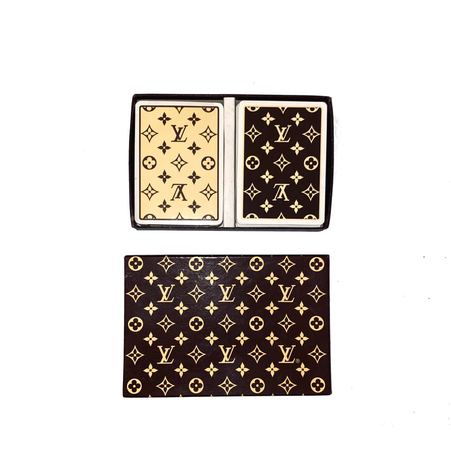 Two sets of Louis Vuitton vintage playing cards with monogram motif and gilt edges. Includes box and bridge contrat card.