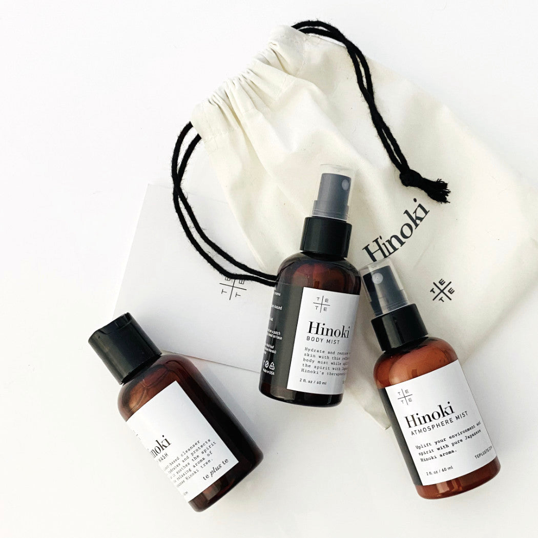Hinoki Mini Travel Set No.2 - Te Plus Te Organic Body Wash, Body Mist and Atmosphere Mist infused with Hinoki (Japanese Cypress) essential oil come in a natural cotton bag. The convenient 2 oz size bottles are good for travel. Enjoy the pure note of Hinoki anywhere you go.