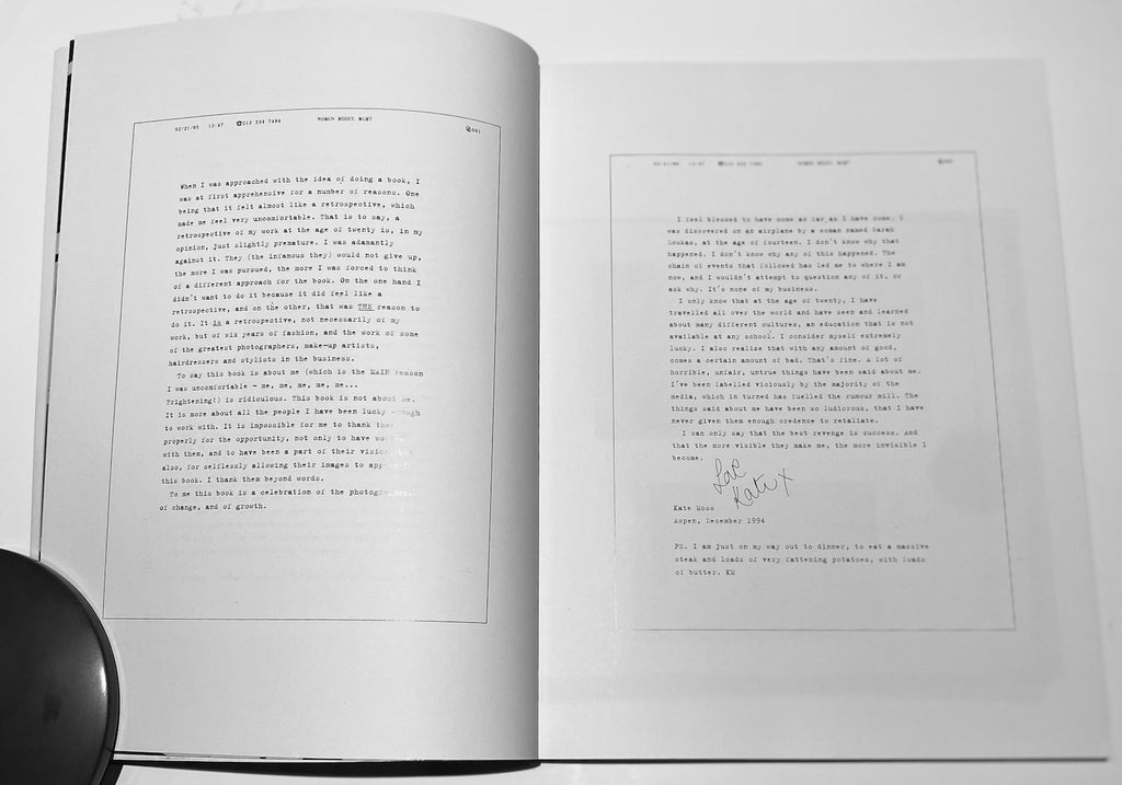 Through Kate's personal selection of her favorite photographs-many never before  published - by Patric Demarchelier, Arthur Elgort, Steven Meisel and Helmut Newton. Te Plus Te Archive.